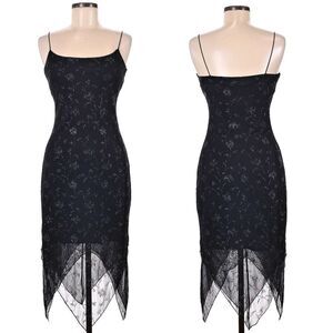 Vintage 90s Byer Too Black Midi Dress Cocktail Floral Glitter Whimsygoth Size M